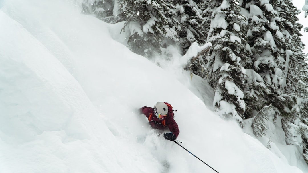 Skier in red jacket skis down snowy slope kicking up powder.